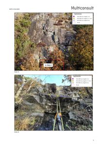 Fotografier av en steil fjellvegg med overlagte tegninger som markerer posisjonen til borehull og røsk. Bildene viser et feltarbeid eller en inspeksjon.