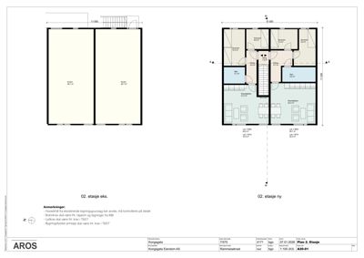 Etasjeplan for 2. etasje som viser romfordeling, arealer og plassering av trapp for både eksisterende og ny plan.