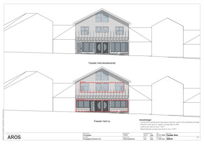 Fasadetegning som viser eksisterende og ny fasade (Fasade Vest) for en bygning på Kongsgata. Tegningen inkluderer detaljer om vinduer, dører og takform.