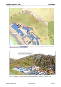 Et fotografi (Foto 1) som viser et utsikt over et industriområde med flere bygninger (Bygg 3, 4, 5, 19, 17) og en steinbrudd på bakken. Bildet er merket med 'Løsningsområde steinsprang 16. oktober' og viser plassering av eksisterende valler (gule streker) og vurderte områder (rødt omriss) i forhold til topografi.