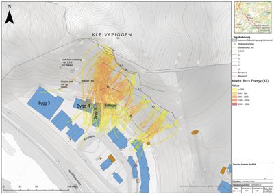 Situasjonsplan som viser tomtens topografi, bygningsplassering (Bygg 3, 4, 5 og Sallager), samt analyseresultater for steinras (Kinetic Rock Energy) og vannforhold.