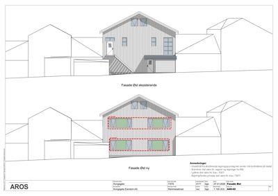 Fasadetegning som viser eksisterende og ny fasade på en bygning sett fra øst.