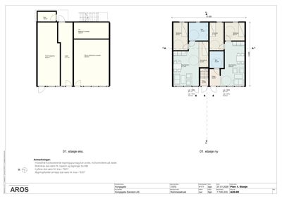 Plantegning som viser romfordeling og arealer for 01. etasje i en bygning, med to alternativer (eksisterende og nytt).