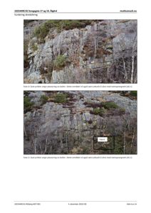 Fotografier av en steinvegg med markerte boltplasseringer (gule prikker) og en tekstbeskrivelse om skredsikring.