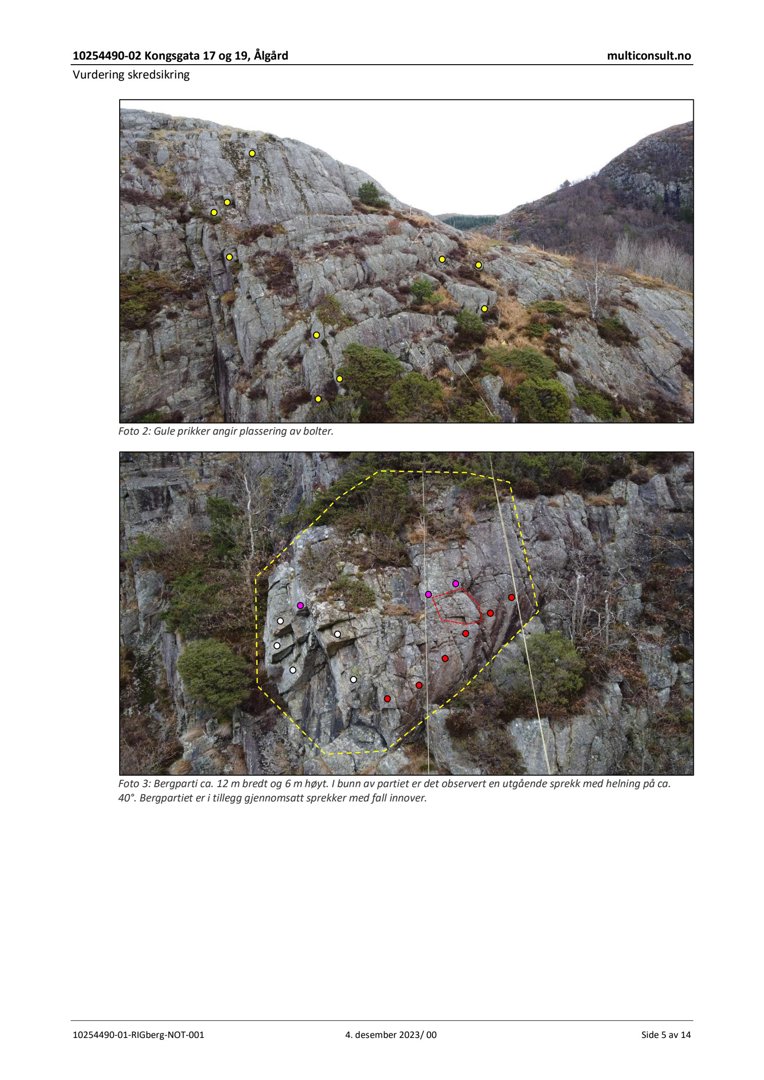 Fotografier av en bergvegg med markerte punkter og områder for skredsikring.