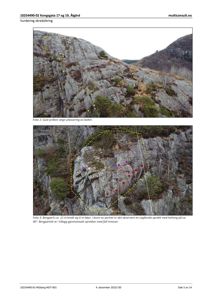 Fotografier av en bergvegg med markerte punkter og områder for skredsikring.