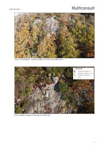 To fotografier av et kupert terreng med steinblokker, markert med røde omrisslinjer og en tegnforklaring. Bildene illustrerer et vurdert område for en byggesak.