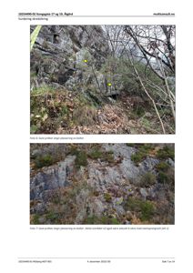 Fotografier av en steinvegg med markerte boltplasseringer (gule prikker) og tekstbeskrivelser om skredsikring.