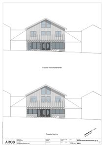 Fasadetegning som viser eksisterende og ny fasade på vestrekket av bygningen.