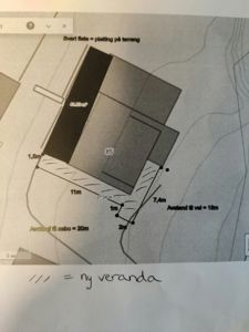 Situasjonsplan som viser bygningens plassering på tomten, avstander til nabo og vei, samt en håndskrevet notis om en ny veranda.