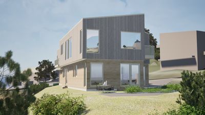 3D-visualisering av en planlagt bolig sett fra utsiden, med omgivende natur og nabolag.