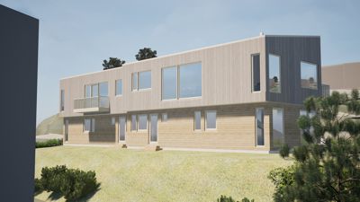 3D-visualisering av en planlagt toetasjes bolig med moderne fasade, balkong og omgivelser.
