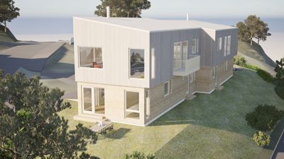 3D-visualisering av en planlagt bolig sett fra utsiden, inkludert omgivelser og terreng.