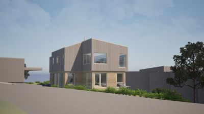 3D-visualisering av en moderne villa sett fra siden, med omgivende natur og nabolag.