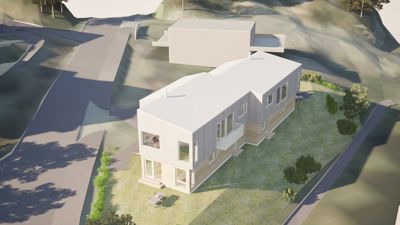 3D-visualisering av en planlagt bolig sett fra luften, inkludert omgivende terreng, vei og beplantning.