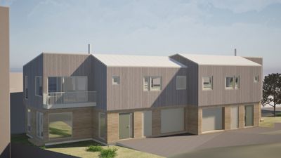 3D-visualisering av en planlagt boligblokk sett fra siden.