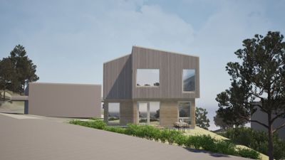 3D-visualisering av en moderne villa sett fra utsiden, med omgivende natur og terreng.