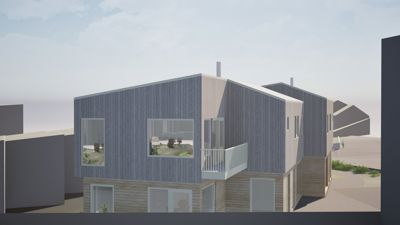 3D-visualisering av en moderne bolig med fasade i trepanel og balkong.