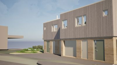 3D-visualisering av en moderne bygning med trepanel, garasjeporter og vinduer.