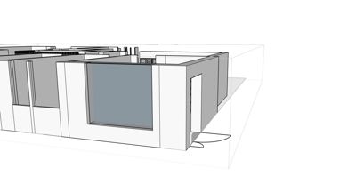 Et 3D-modellert bilde (rendering) som viser fasade og deler av innsiden av en bygning.