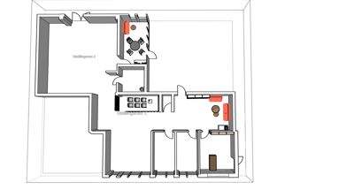 Etasjeplan med romfordeling, møblering og rombetegnelser (f.eks. 'Uteliggeren 1' og 'Uteliggeren 2').