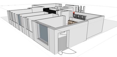 En 3D-visualisering (rendering) av et hus sett fra en vinkel som viser både fasade og innvendig romfordeling.