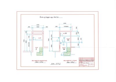 Etasjeplaner for et mellombygg, som viser romfordeling, dører, trapper og mål for 'MELLOMBYGG UNDERETASJE' og 'MELLOMBYGG 1. ETASJE'.