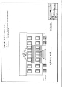 Fasadetegning av et hus med vinduer, dører og trapp opprisset.
