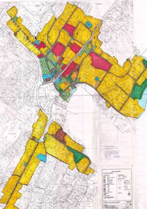 Kart over et område med fargemerkede soner, sannsynligvis for planlegging eller arealbruk.