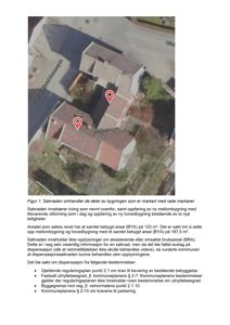 Satellittbilde eller flyfoto av en tomt med eksisterende bygninger (merket 10A og 10B) og en markert søknadsområde (røde markører).