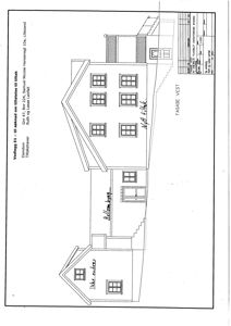 Fasadetegning (opprikk) av en bygning sett fra vest, med tegnet ut vinduer, dører og takform.