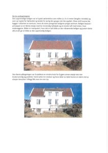 Fotografier av en hvit, to- eller treetasjers bolig med rødt tak, sett fra fronten. Bildene viser fasaden og omgivelsene, inkludert trær og bakke.