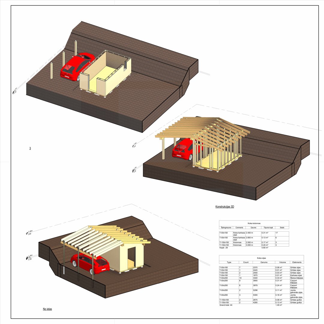 3D-visualisering av en skur/karport med detaljerte konstruksjonsfaser og materialoversikt.