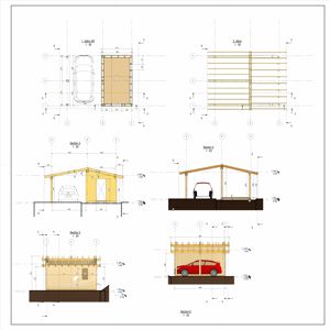 Bildet viser en samling av snittegninger (Section 1-6) og etasjeplaner for en liten bygning, sannsynligvis en garasje eller carport. Det er inkludert mål og konstruksjonsdetaljer.