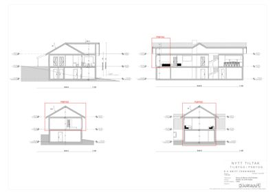 Snittegninger som viser tverrsnitt gjennom en bygning med romfordeling og konstruksjonsdetaljer.