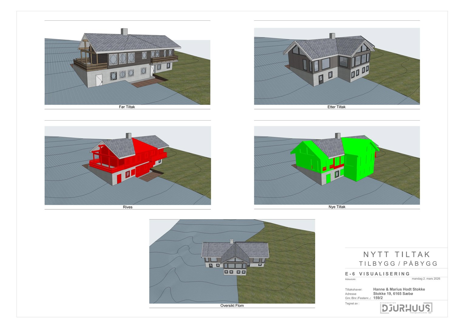 En samling av 3D-visualiseringer (renderinger) som viser en bygning før og etter tiltak, inkludert rivning og nybygging, samt en oversikt fra øst.