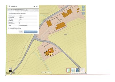 Kartutsnitt fra Kartverket som viser eiendomsplassering med topografiske linjer, veier og en popup-vindu med eiendomsinformasjon.