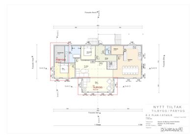 Etasjeplan (1. etasje) som viser romfordeling, dimensjoner og plassering av tilbygg/påbygg.