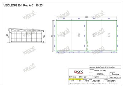 Etasjeplan (plantegning) som viser romfordeling og mål for en garasje eller lignende bygning.