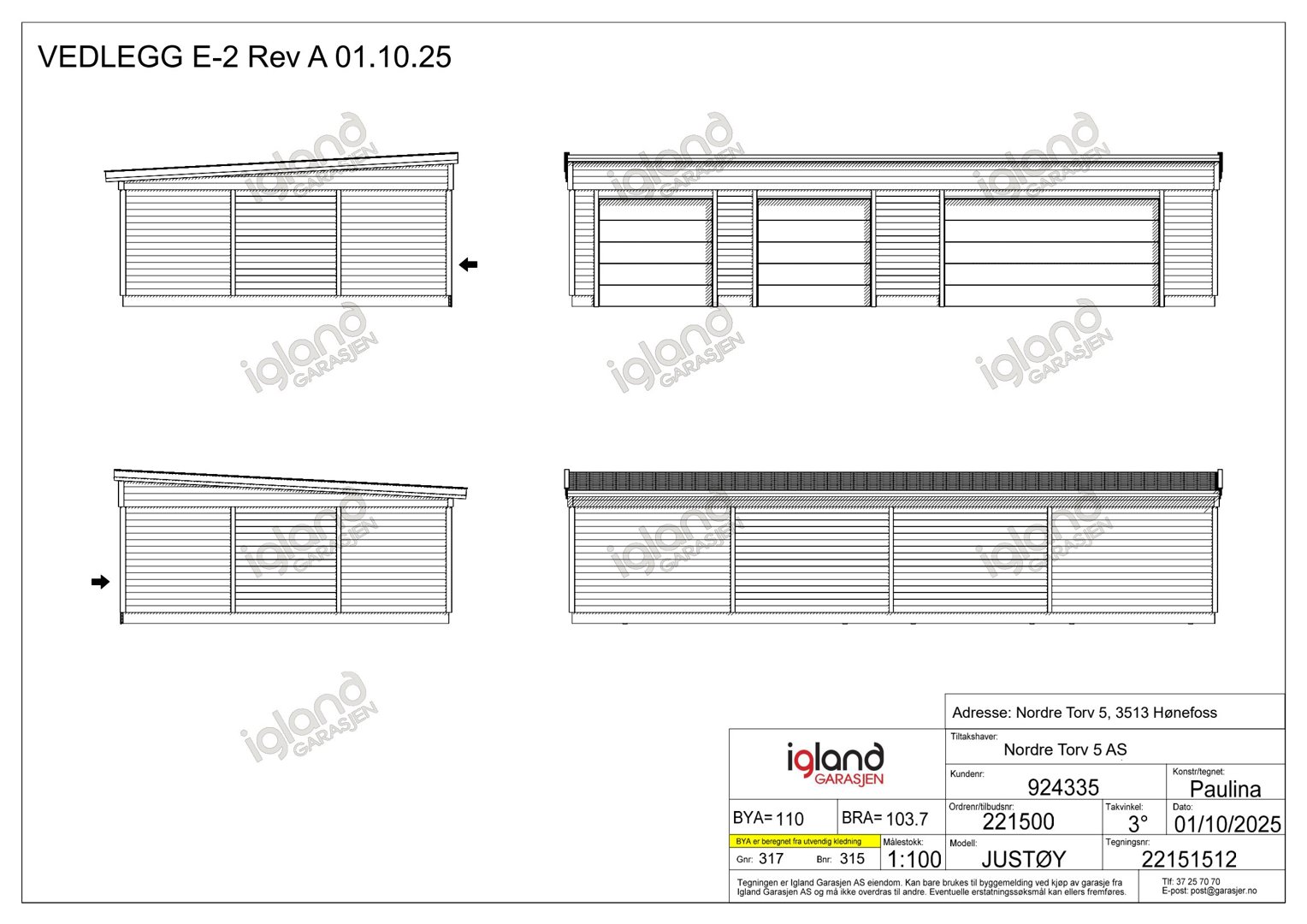 Fasadetegning som viser front- og sideutsikt på en garasje med dører og paneling.