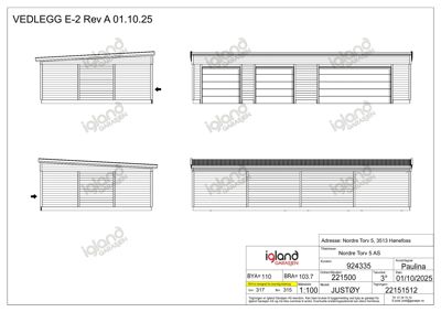 Fasadetegning som viser front- og sideutsikt på en garasje med dører og paneling.