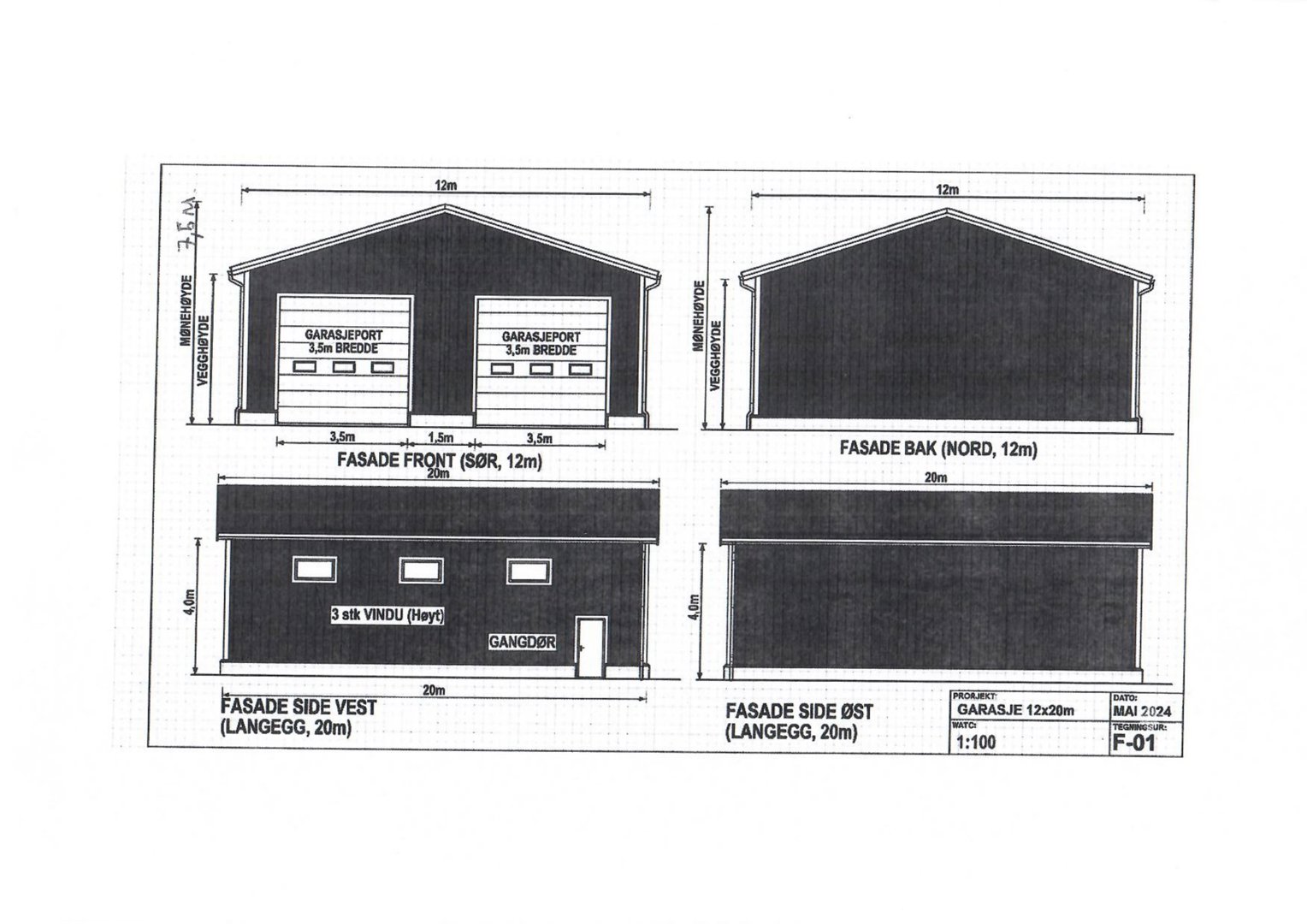 Fasadetegning som viser front-, bak- og sideutsikter av en garasje med mål og detaljer.