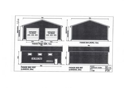 Fasadetegning som viser front-, bak- og sideutsikter av en garasje med mål og detaljer.