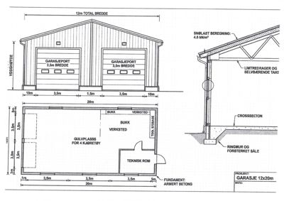 Bildet viser en tegning med både etasjeplan (nederst) og fasadeopprikk (øverst) for et garasjeanlegg. Det inneholder også et snitt (crossection) til høyre.