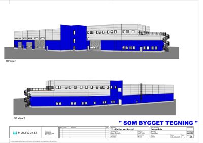 3D-visualisering (rendering) av en verkstedbygning med to perspektiver.