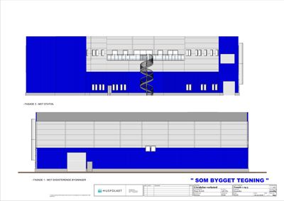 Fasadetegning som viser oppriss av bygningens ytre utseende sett fra to ulike vinkler (Fasade 1 og Fasade 3).