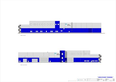 Fasadetegning som viser bygningens utseende fra to ulike vinkler (for- og sidefasade).