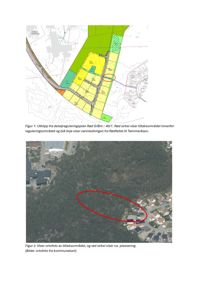 Bildet viser en detaljreguleringsplan (kart) og et ortofoto (flyfoto) av et område med bygningsplasseringer og natur.