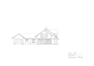 En tegning som viser fasaden (framsiden) av en bolig sett fra nord.