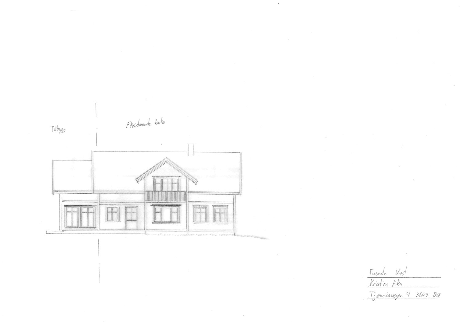 Penselt tegning som viser fasaden (fra vest) til en planlagt bygning.